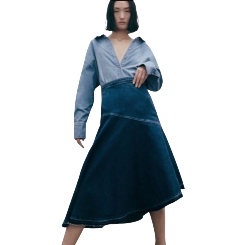 Zara Blue Denim Jeanā Asymetrical Skirt Size Large